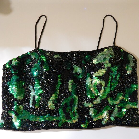 Precious Formals Tops - Women's Size 12 PRECIOUS FORMALS 100% Silk Beaded Sequin Crop Top Black Green